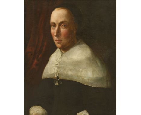 Dutch School, 17th centuryPORTRAIT OF A WOMAN, HALF LENGTH, IN A BLACK DRESS AND CAPOil on canvas56 x 50cm