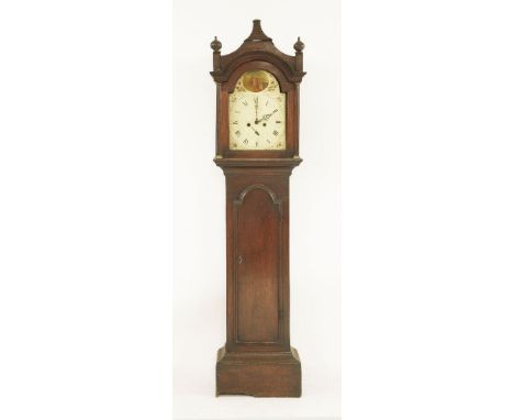 An eight-day oak longcase clock, 19th century, by David Rogers, Saffron Walden, the arched painted dial with an oval portrait