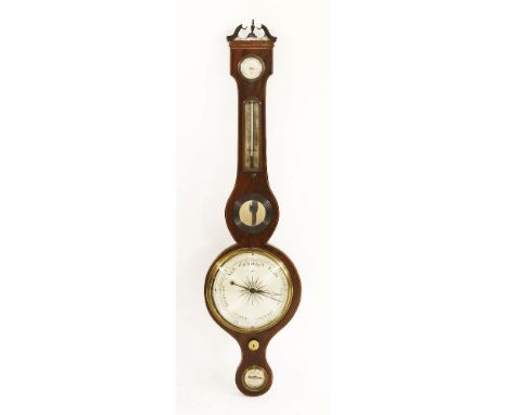 A mahogany inlaid banjo barometer, the silvered dial, hydrometer, thermometer and level, centred with a mirror, 94cm high