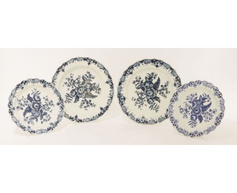 Two pairs of blue and white Worcester plates,c.1780, printed in the 'Pine Cone Group' pattern, hatched crescent marks,23 and 