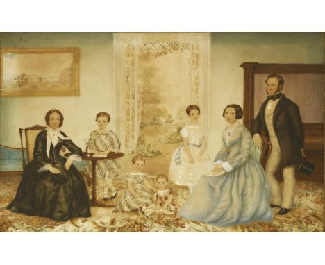 English School, c.1840PORTRAIT OF A FAMILY GROUP IN AN INTERIOR, A VIEW OF A GARDEN BEYONDWatercolour over pencil heightened 