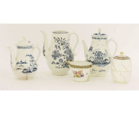 Worcester porcelain,late 18th century:a blue and white baluster coffee pot, printed in 'The Fence' pattern,9.5cm high,a blue 