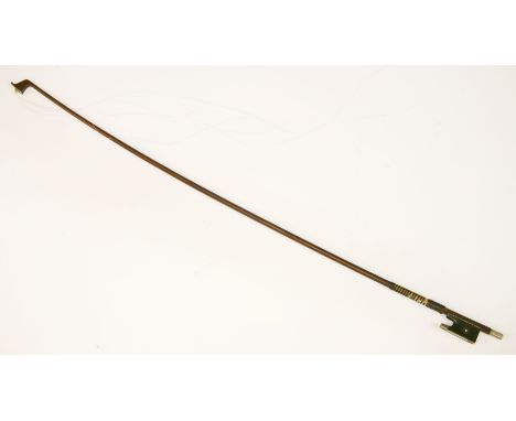 A nickel-mounted violin bow,by W E Hill & Sons, stamped 'Hill' on the shaft, round stick of red-brown colour, lacking hair,53