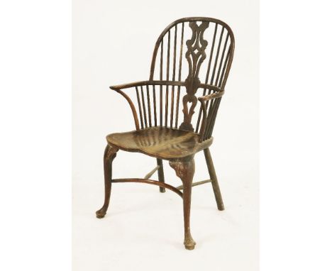 A yew Windsor stick back chair, 18th century, with splat, on cabriole front legs