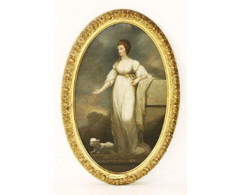 Follower of Angelica KauffmanPORTRAIT OF ANN MARGARET MEREDITH, VISCOUNTESS CURZON, STANDING FULL LENGTH BY A STONE PEDESTAL,