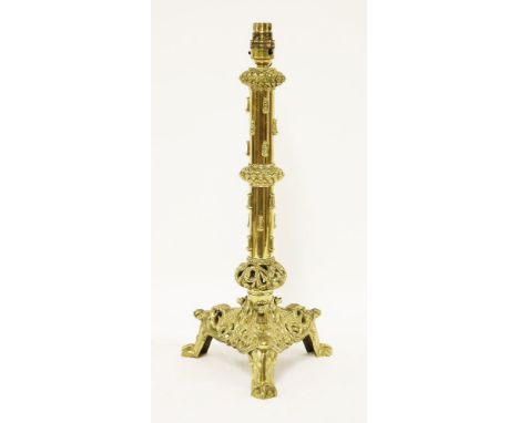 A cast brass table lamp, on a triform base, 45cm high