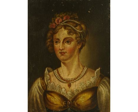 English School, early 19th centuryPORTRAIT OF A LADY, SAID TO BE QUEEN CAROLINE OF BRUNSWICK, BUST LENGTH, IN A BLACK DRESS, 