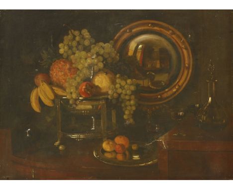 W R Varnon (20th century)STILL LIFE OF FRUIT, SILVER DISHES AND A CONVEX MIRRORSigned and dated 1925 l.r., oil on canvas76 x 