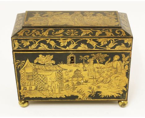 A Regency penwork tea caddy, of sarcophagus form, with three figural panels, between scrolled foliage and flowers, the interi