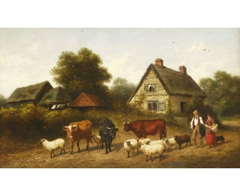 Aster R C Corbould (1812-1882)A COUPLE DRIVING CATTLE AND SHEEP PAST A COTTAGESigned and dated 1876 l.r., oil on canvas46 x 7