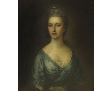 Manner of Thomas GainsboroughPORTRAIT OF A LADY, HALF LENGTH, IN A BLUE DRESSOil on canvas, painted oval76 x 63cm