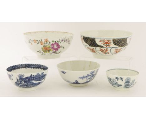 Two blue and white Worcester bowls,c.1780, one printed in 'The Fisherman and Cormorant' pattern,11cm diameter,the other in 'T