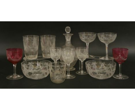 An extensive part-suite of drinking glasses,early 20th century, decorated with etched ribbon tied swags, comprising:twelve ch