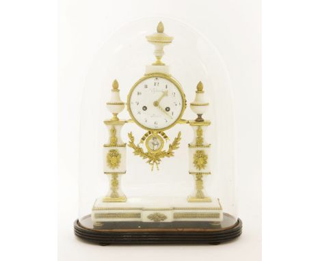 A French marble portico clock and stand, 19th century, with ormolu mounts, the convex enamel dial inscribed 'Guy d'amour, Par