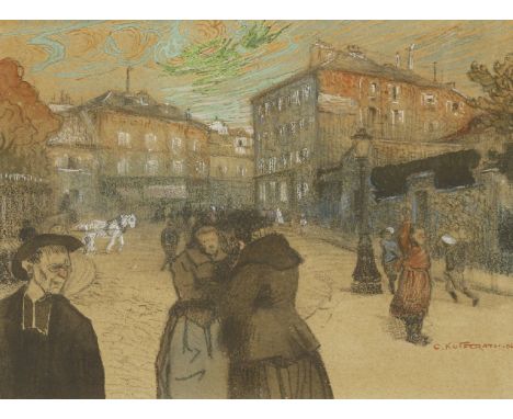 *Camille Kufferath (Belgian, 1881 - c.1955)A BUSTLING STREET UNDER SWIRLING SKIESSigned and dated '04 l.r., black crayon, pas