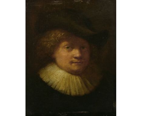 Manner of RembrandtPORTRAIT OF A GENTLEMAN, BUST LENGTH, IN A BLACK HATOil on panel 17.5 x 13cm, unframed