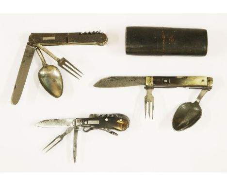 A Georgian eight-tool penknife,including knife and fork, inscribed 'J. Porch',9cm long, closed, andtwo folding knife, fork an