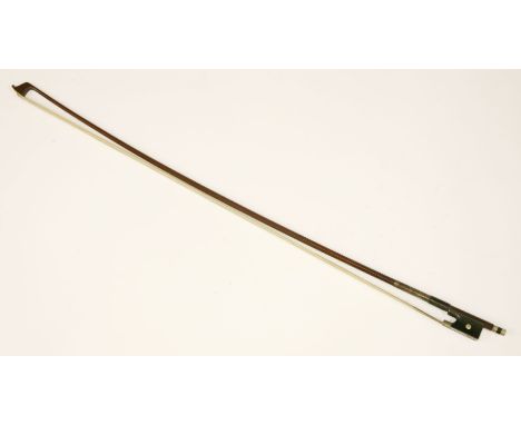 A nickel-mounted violin bow,stamped 'Dodd' on the shaft, octagonal stick of red-brown colour, fully haired,61g