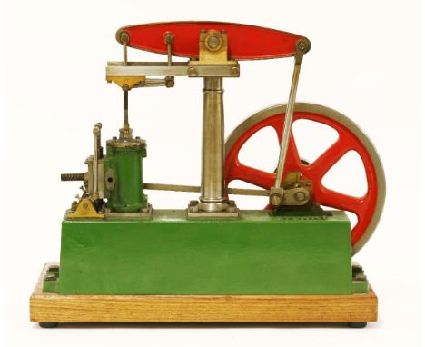 A Stuart live steam single cylinder beam engine, in green livery on an hardwood base, 35cm long