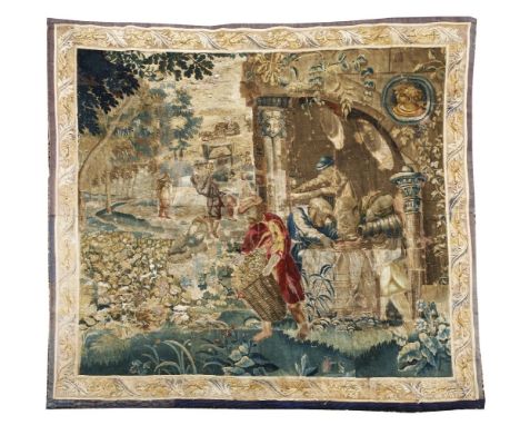 A tapestry fragment,depicting a wine making scene, pressing grapes,186 x 190cm