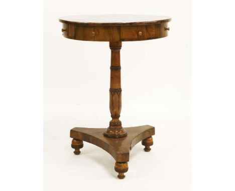 A Victorian mahogany lamp table, the circular top with segmental veneers, four drawers and dummy drawers, on a turned column 