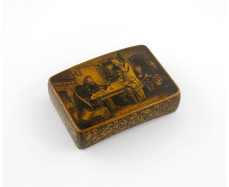 A 19th century Mauchline Ware sycamore and pen work snuff box, by Laurie, Cumnock, of curved rectangular form, the cover deco