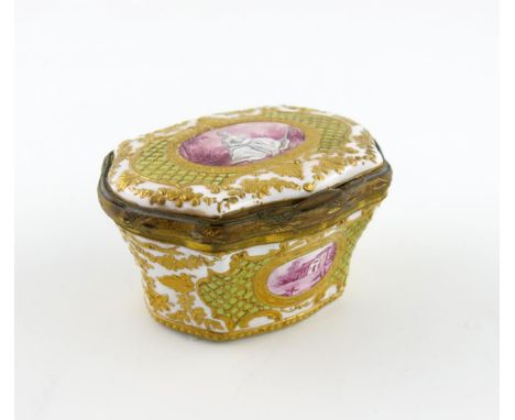 A Continental enamel snuff box, 19th century, the shaped form with flared sides, richly decorated in the 18th century manner,