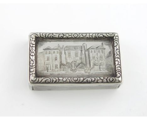 A George IV engraved silver snuff box, by Reily and Storer, Birmingham 1834, rectangular form, the hinged cover engraved with