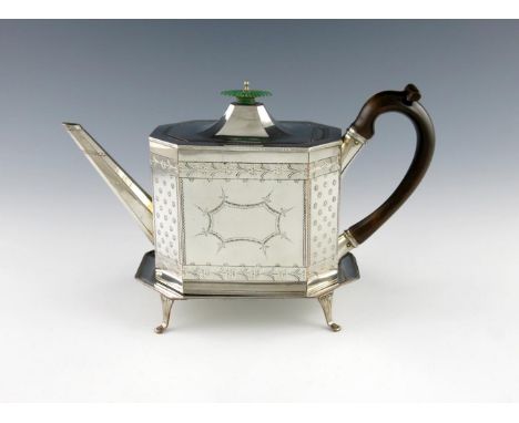 λA fine George III old Sheffield plated tea pot and stand, unmarked circa 1790, rectangular form, canted corners, engraved de
