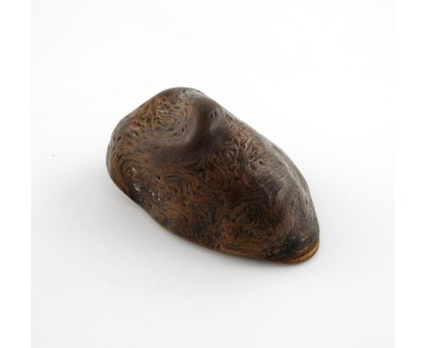 A 19th century Mauchline Ware root and pen work table snuff box, apparently unmarked, the oval cover with a depiction of a Bu