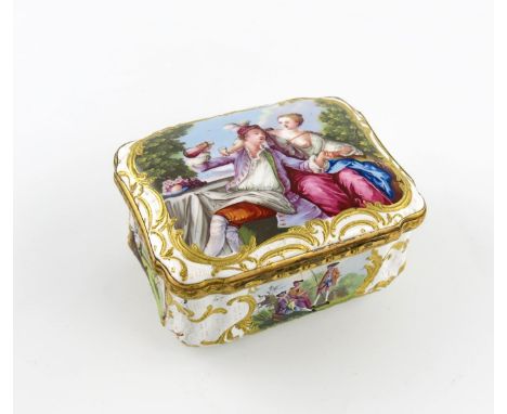 A large Birmingham or South Staffordshire enamel snuff box, c.1765-70, of shaped rectangular form, the cover painted with a l