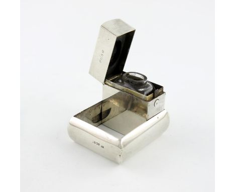 A Victorian silver patent travelling inkwell, by Wright and Davies, London 1876, rounded rectangular form, the push action me