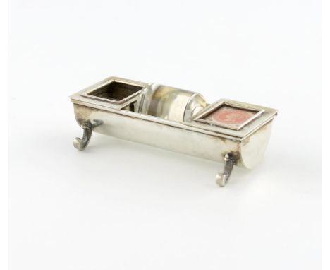 An Edwardian silver double stamp box / glass stamp moistener, by James Deakin and Sons, Chester 1902, rectangular trough form