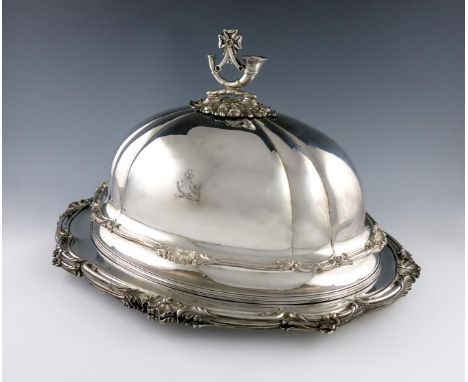 A pair of early Victorian silver meat platters with an old Sheffield plated meat dish cover, by the Barnards, London 1845, th