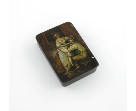 An early 19th century German lacquer snuff box, by Stobwasser, numbered 151, rectangular form, the hinged cover with a bedroo