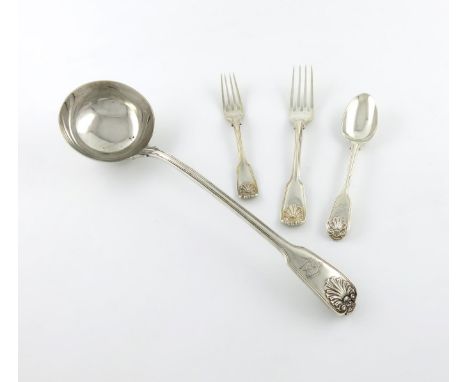 A part canteen of Victorian silver Fiddle, Thread and Husk pattern flatware, by George Adams, London 1843, the terminals with