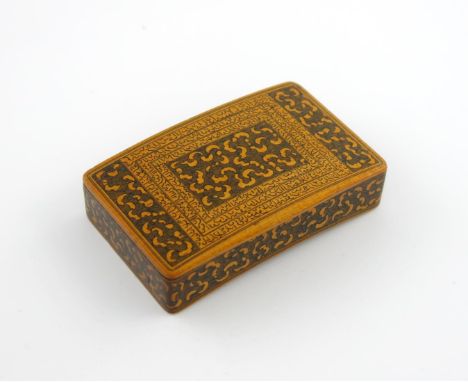 A 19th century Mauchline Ware sycamore and pen work snuff box, by Crawford, Cumnock, of curved rectangular form, the cover wi