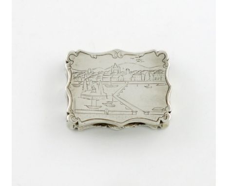 A Victorian silver engraved vinaigrette, Rousseau Island, Geneva, by Nathaniel Mills, Birmingham 1846, shaped rectangular for