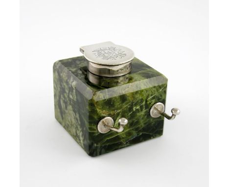 A late-Victorian silver-mounted green hard stone inkwell, by Barrett and Sons, London 1899, square form, the hinged cover wit