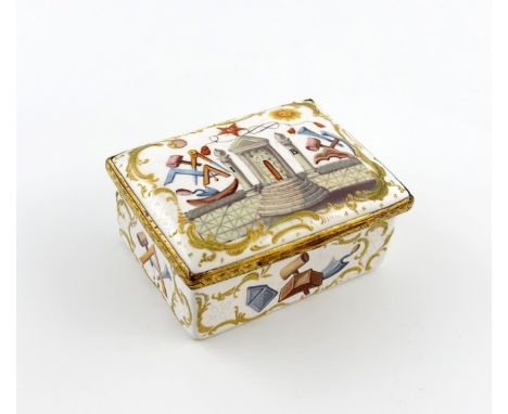 A Birmingham or South Staffordshire rectangular snuff box, c.1765-70, decorated with Masonic emblems including set square, co