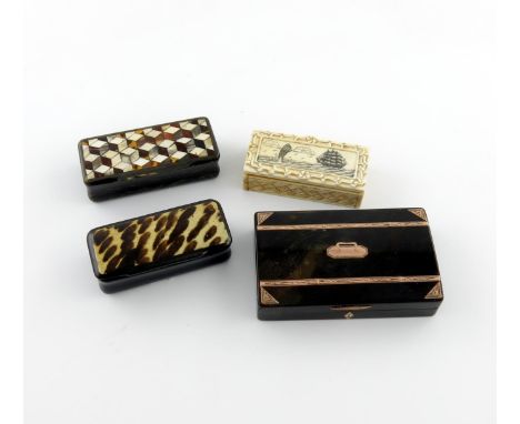 λA small collection of four 19th century snuff boxes, comprising: a tortoiseshell one, of rectangular form, gold mounts, mode
