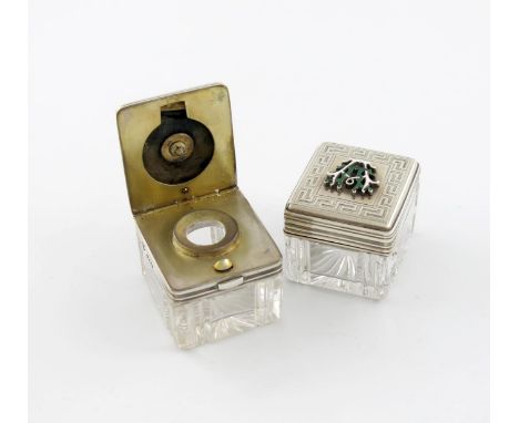 A Victorian silver-mounted glass travelling inkwell and vesta box, by Tween and Purnell, London 1866, the vesta striker pad b
