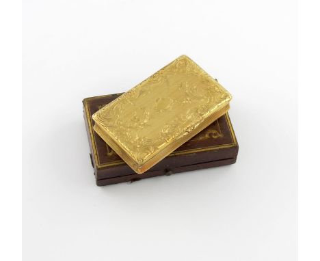 A 19th century French gold snuff box, circa 1840, rectangular form, chased foliate scroll decoration on an engine-turned grou