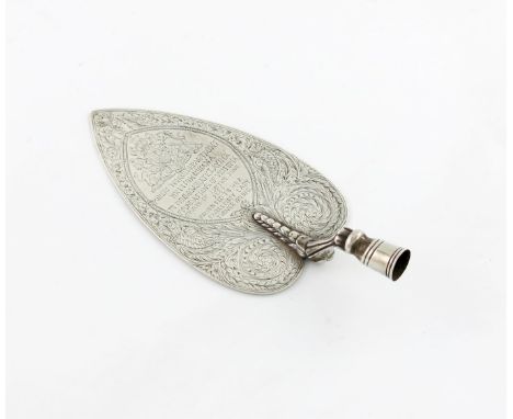 A 19th century colonial silver presentation trowel, by J. Martins, Demerara, the blade with engraved decoration, and with the