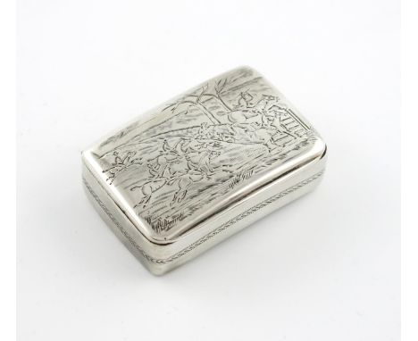 A George III silver snuff box, by John Death, London 1806, rectangular form, the hinged cover with a hunting scene with horse