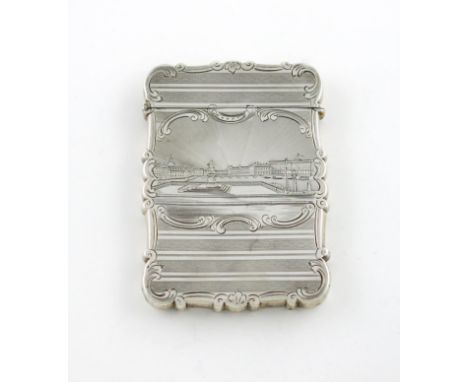 A Victorian silver engraved 'castle-top' card case, Henry IX statue, Pont Neuf, Paris, by Nathaniel Mills, Birmingham 1847, r