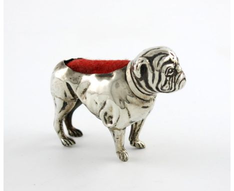 An Edwardian novelty silver bulldog pin cushion, by Allday and Lovekin, Birmingham 1906, modelled in a standing position, lat