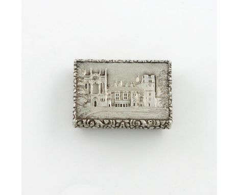 A William IV silver 'castle-top' vinaigrette, Newstead Abbey, by Nathaniel Mills, Birmingham 1835, rectangular form, the hing