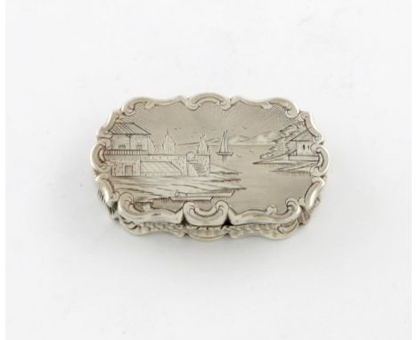 A Victorian silver engraved vinaigrette, by Yapp and Woodward, Birmingham 1847, shaped rounded rectangular form, the hinged c