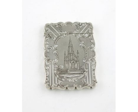 A Victorian silver engraved 'castle-top' card case, Scott Memorial, by Yapp and Woodward, Birmingham 1846, rectangular form, 